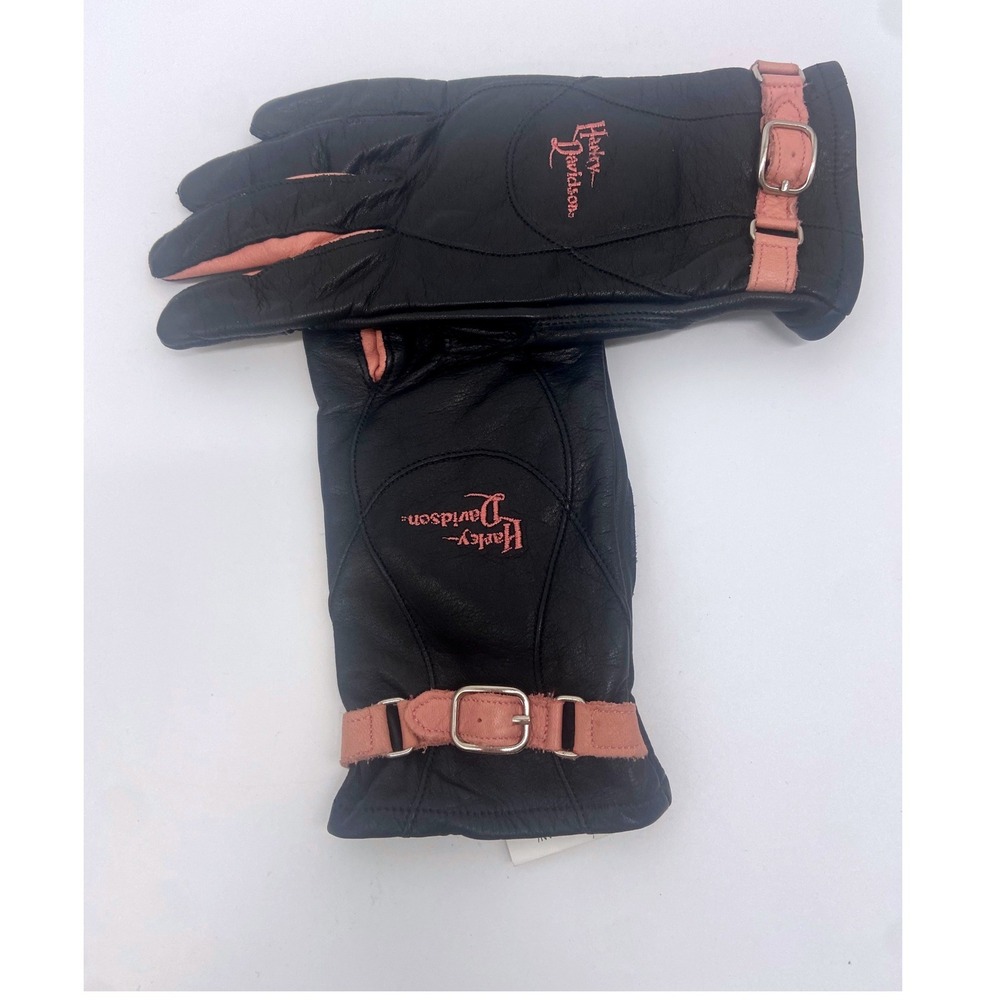 Harley Davidson Womens Black/ Pink Leather Riding Gloves Gel Palm 97217 Size Lrg